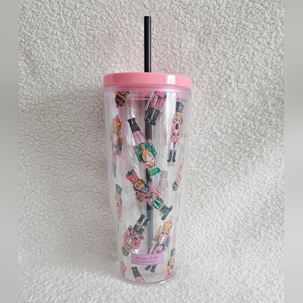 Simply Belle Christmas Nutcracker Print Plastic Tumbler with Straw, 24 oz NEW
